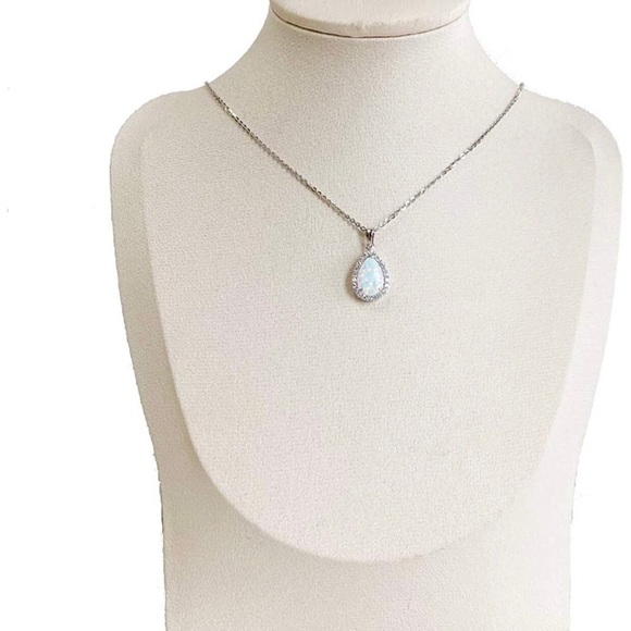 WHITE Opal Sterling Silver Necklace Cubic Zirconia - Picture 6 of 6